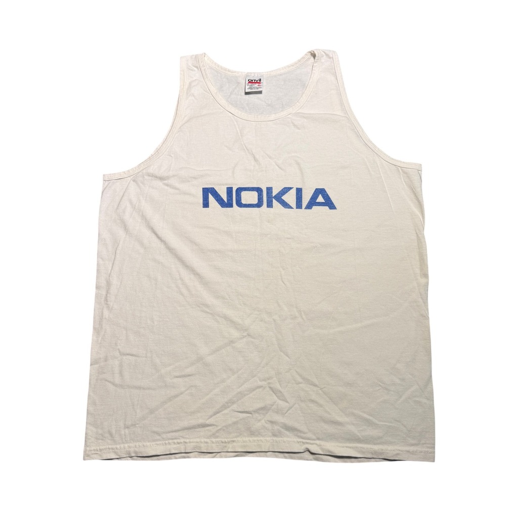 Vintage Nokia Logo Tank Top Anvil Mens XL Cream Cotton Sleeveless Tech Shirt